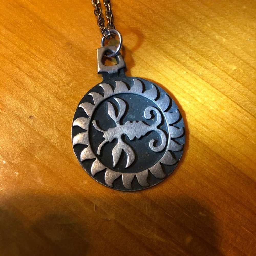 Vintage KRAFTAN Necklace Scandinavian Pewter Round Disc Pendant Zodiac Cancer